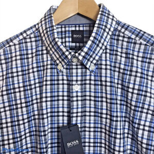 BOSS Hugo Boss Shirt Mens XXL Plaid Slim Fit 100% Cotton Button Up Blue NEW